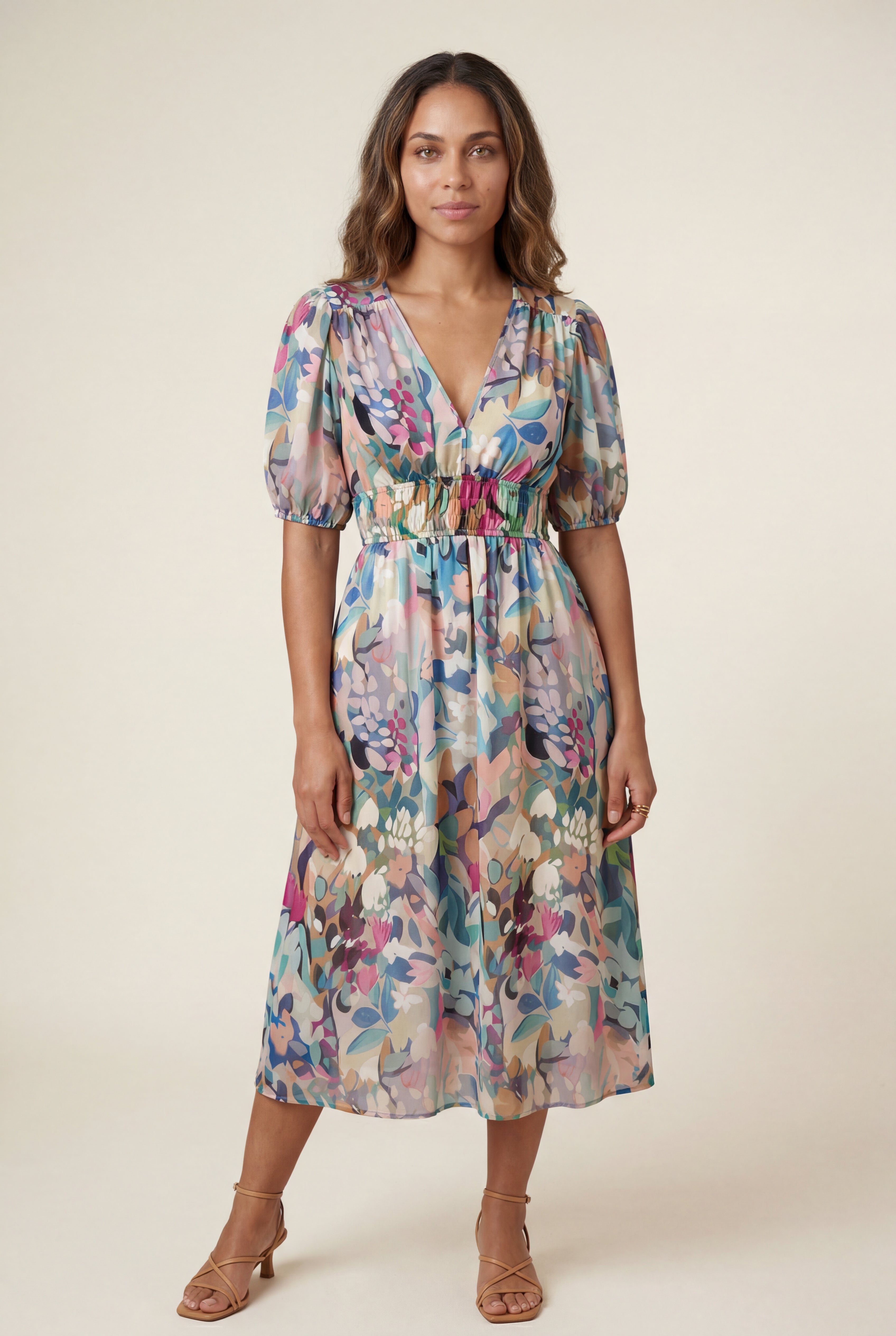Elcevi | Puff Sleeve V-neck Midi Dress with Elastic Waist For Women