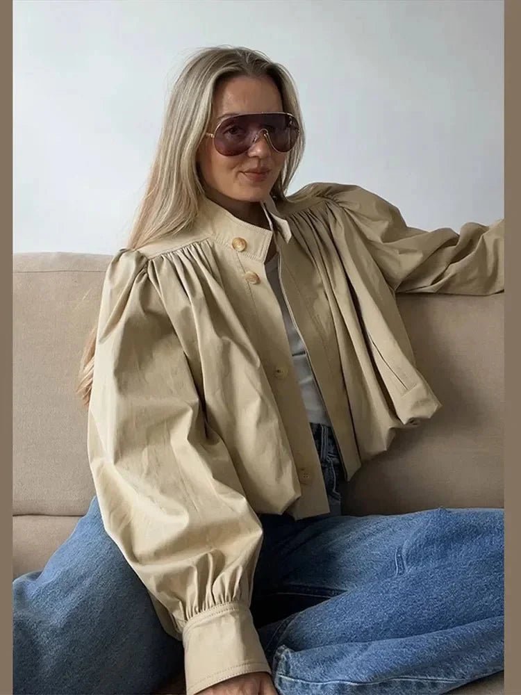 Nerissa - Women's Relaxed Trench Coat with Ruching and Long Sleeves - photo 6
