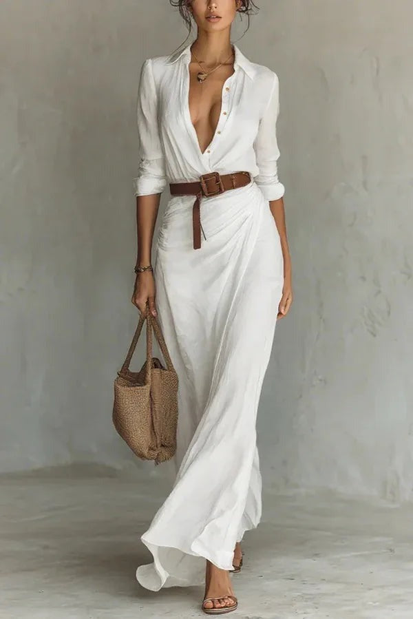 Gerri - Women's Pleated Maxi Dress with a V Neck