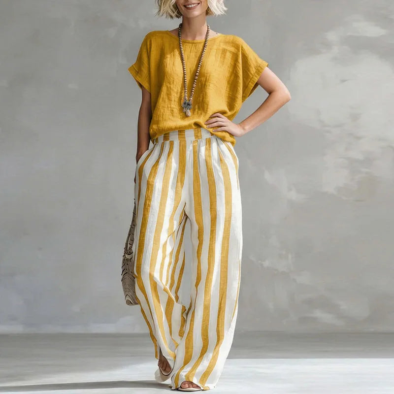 Ginny - Women's Wide Striped Two-Piece Set with Short Sleeves