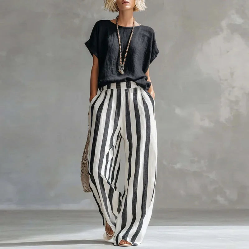 Ginny - Women's Wide Striped Two-Piece Set with Short Sleeves