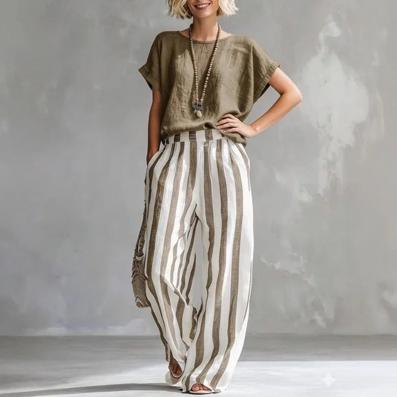 Ginny - Women's Wide Striped Two-Piece Set with Short Sleeves