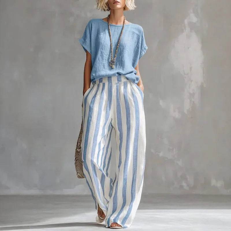 Ginny - Women's Wide Striped Two-Piece Set with Short Sleeves