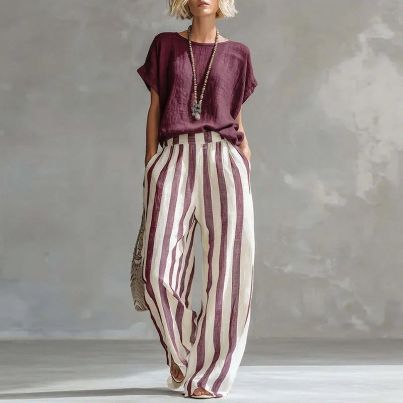 Ginny - Women's Wide Striped Two-Piece Set with Short Sleeves