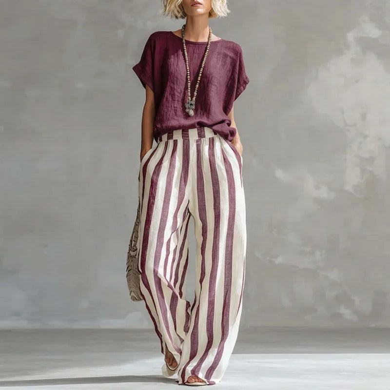 Ginny - Women's Wide Striped Two-Piece Set with Short Sleeves