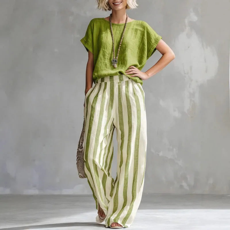 Ginny - Women's Wide Striped Two-Piece Set with Short Sleeves