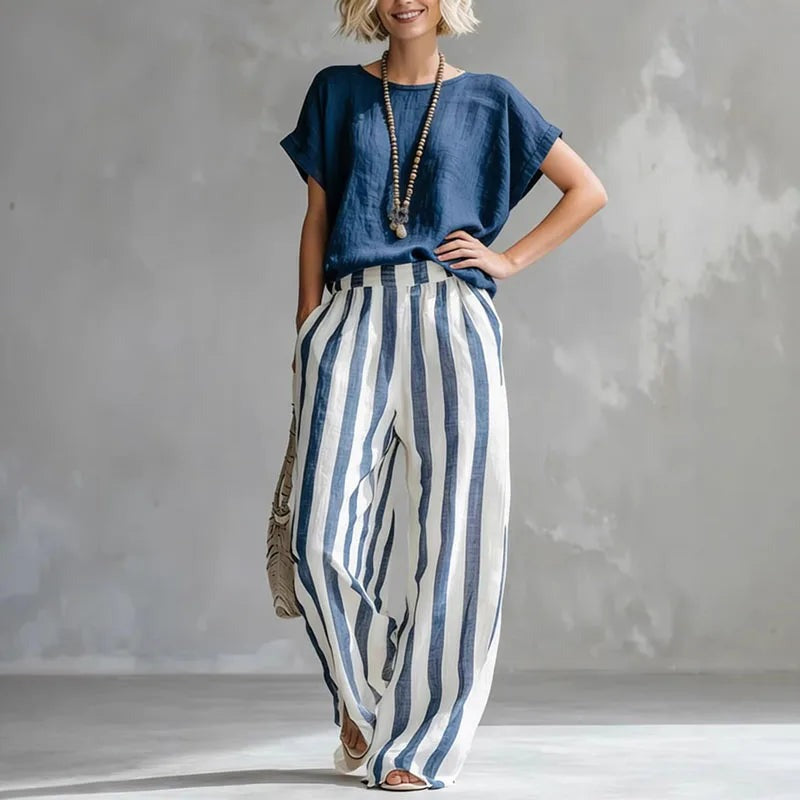 Ginny - Women's Wide Striped Two-Piece Set with Short Sleeves