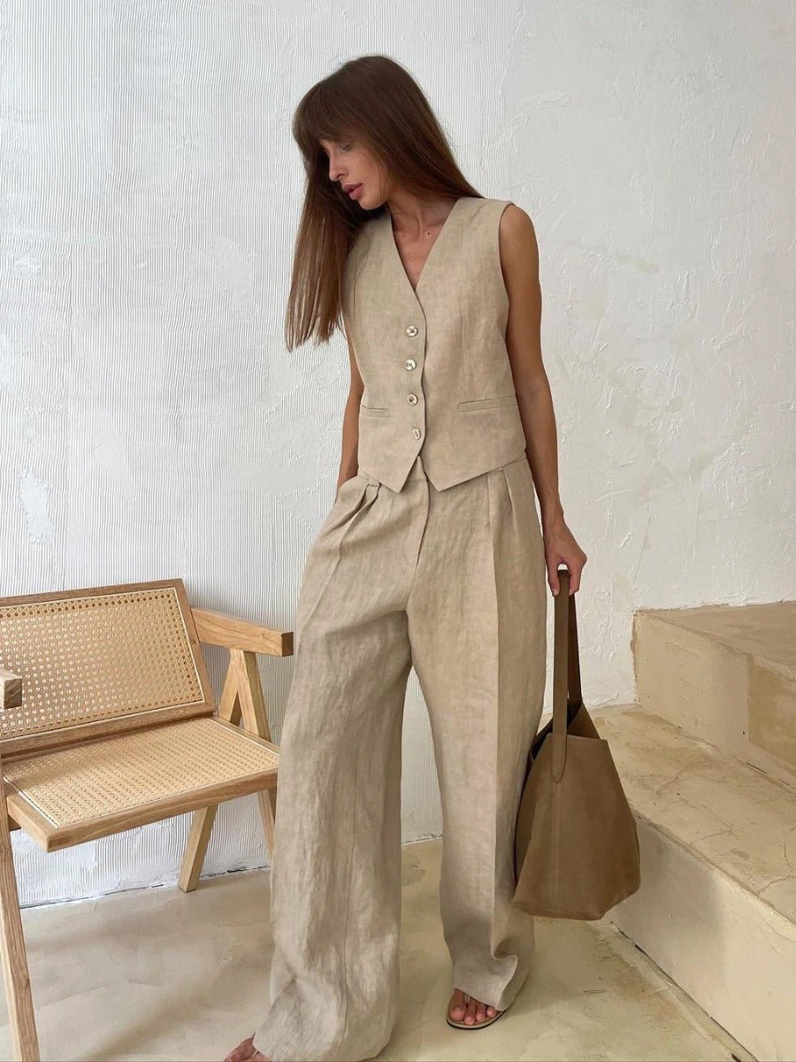 Women's Linen Two Piece Set with Vest and Pants
