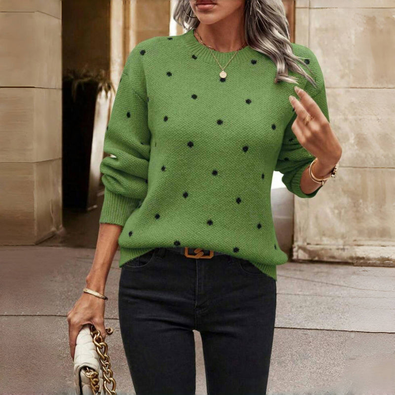 Ophelia - Women's Knitted Jumper with Polka Dot Print in Green