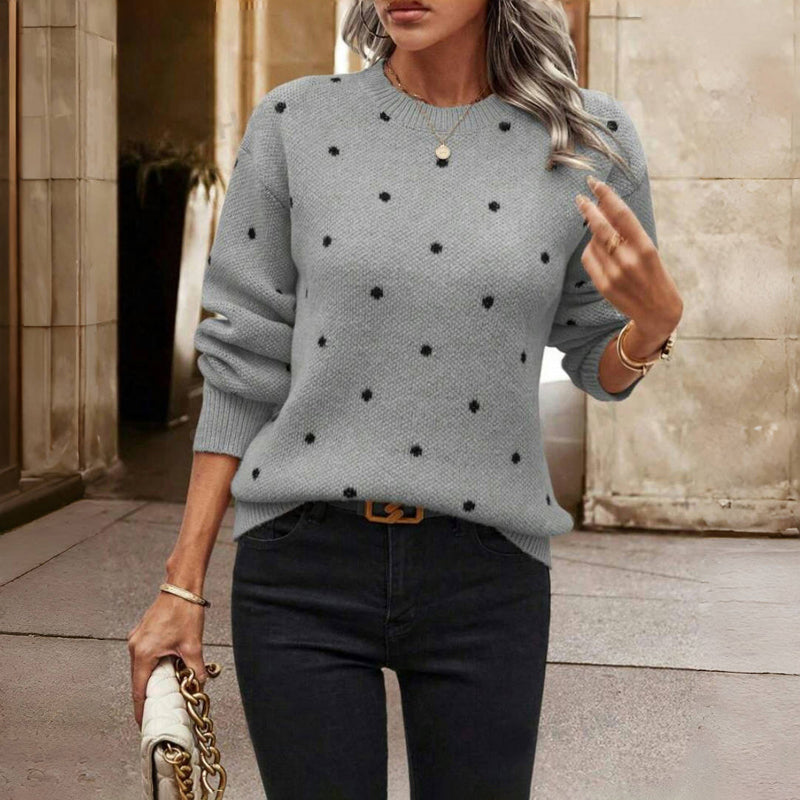 Ophelia - Women's Knitted Jumper with Polka Dot Print in Grey