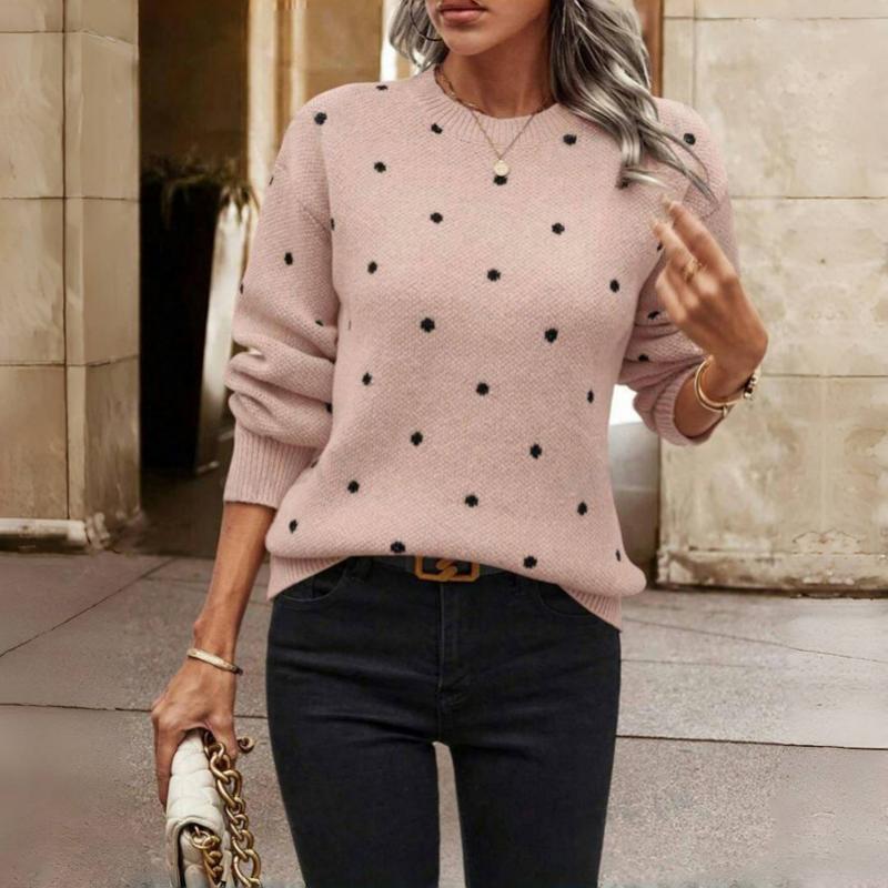 Ophelia - Women's Knitted Jumper with Polka Dot Print in Pink