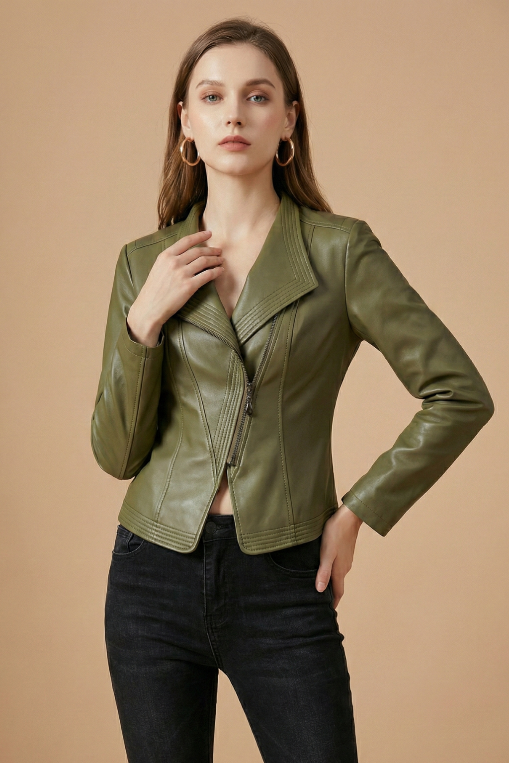 Ottilie - Women's Biker Jacket with Zip Front and Long Sleeves in Olive Green