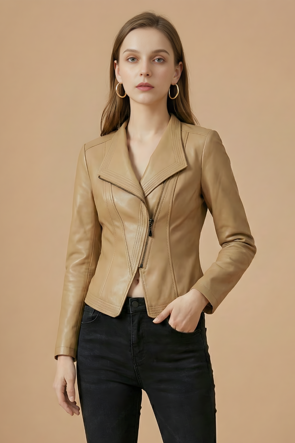 Ottilie - Women's Biker Jacket with Zip Front and Long Sleeves in Beige