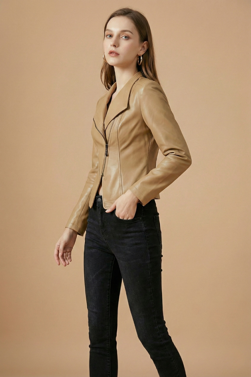 Ottilie - Women's Biker Jacket with Zip Front and Long Sleeves
