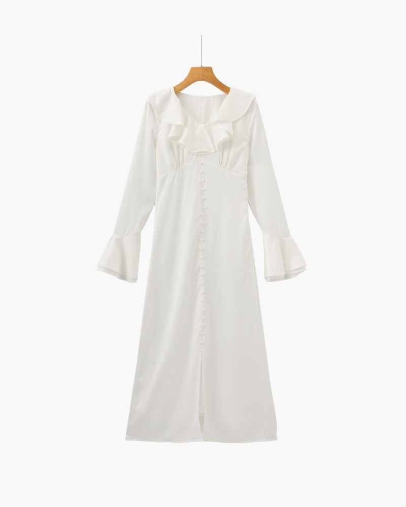 Women's Ruffle Midi Dress with Pearl Buttons