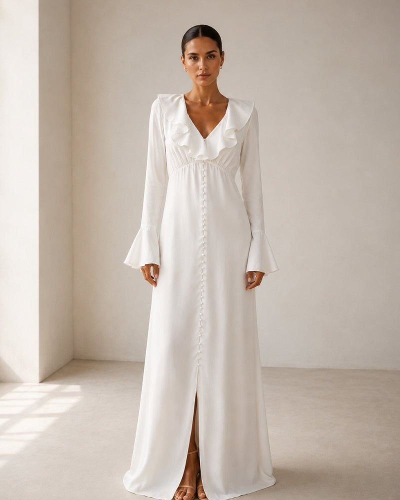 Women's Ruffle Midi Dress with Pearl Buttons