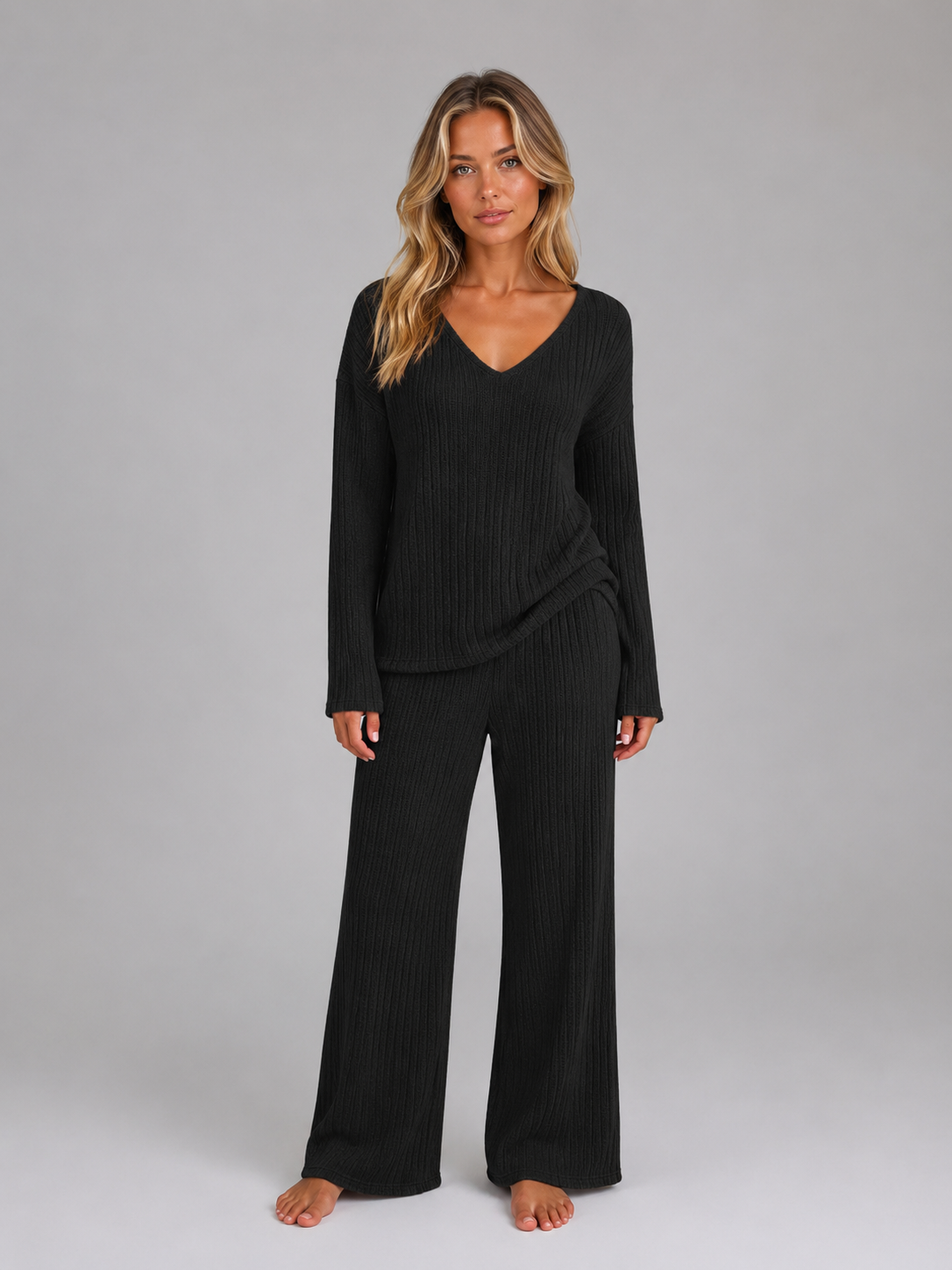 Pearl - Women's Ribbed Knit Jumper and Wide-Leg Trousers Set - photo 6