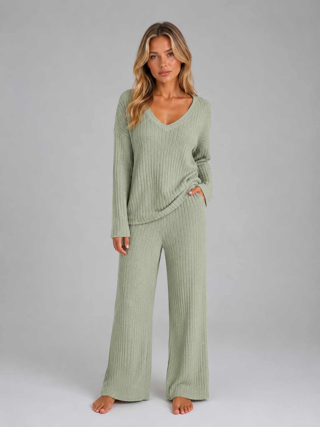 Pearl - Women's Ribbed Knit Jumper and Wide-Leg Trousers Set - photo 8