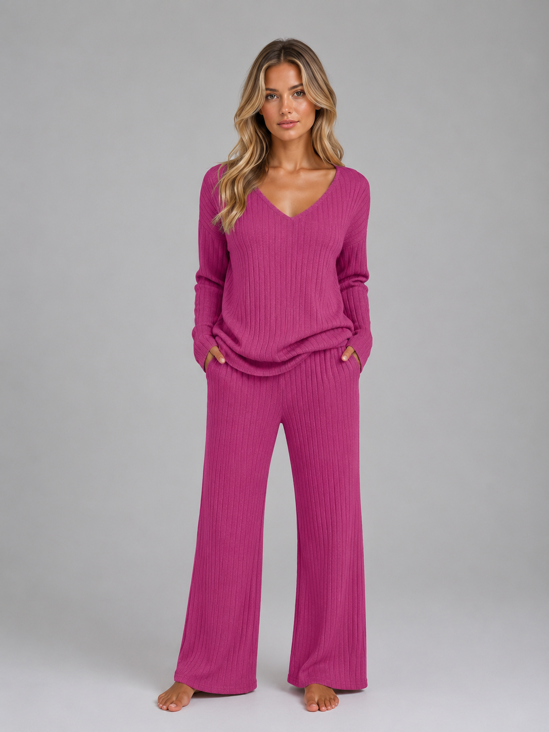Pearl - Women's Ribbed Knit Jumper and Wide-Leg Trousers Set - photo 9