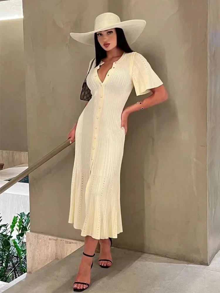 Pelagia - Women's Knitted Midi Dress with Pleats - photo 1