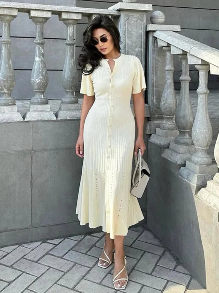 Pelagia - Women's Knitted Midi Dress with Pleats - photo 3