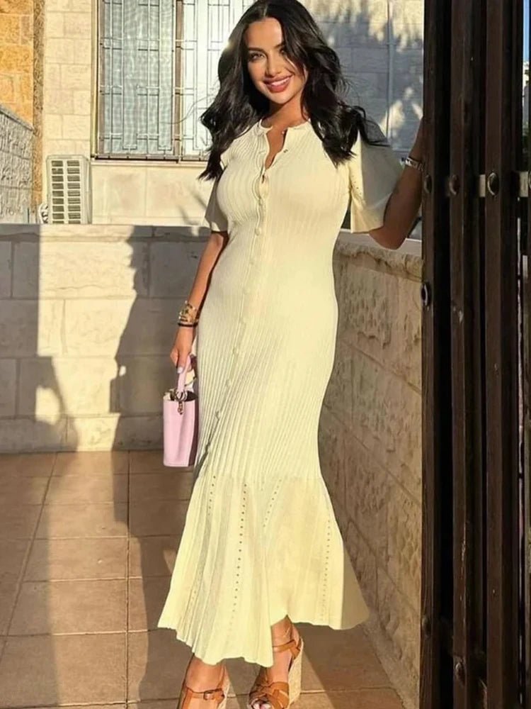 Pelagia - Women's Knitted Midi Dress with Pleats - photo 4