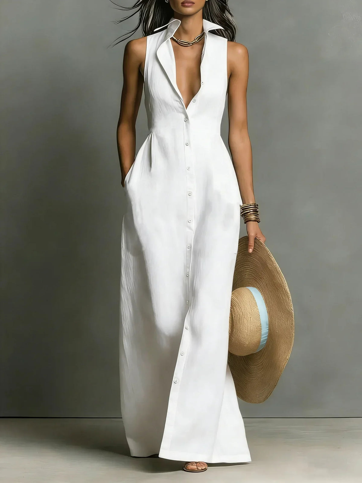 Gwendoline - Women's Button-Front Maxi Dress with No Sleeves