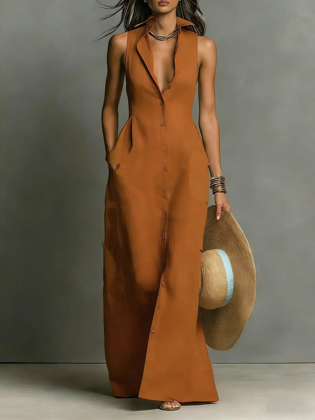 Gwendoline - Women's Button-Front Maxi Dress with No Sleeves