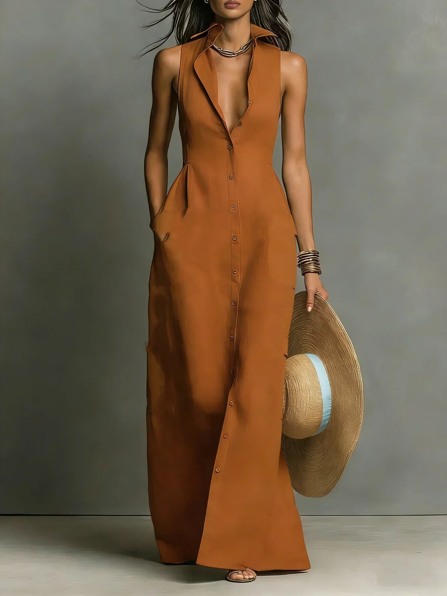 Gwendoline - Women's Button-Front Maxi Dress with No Sleeves