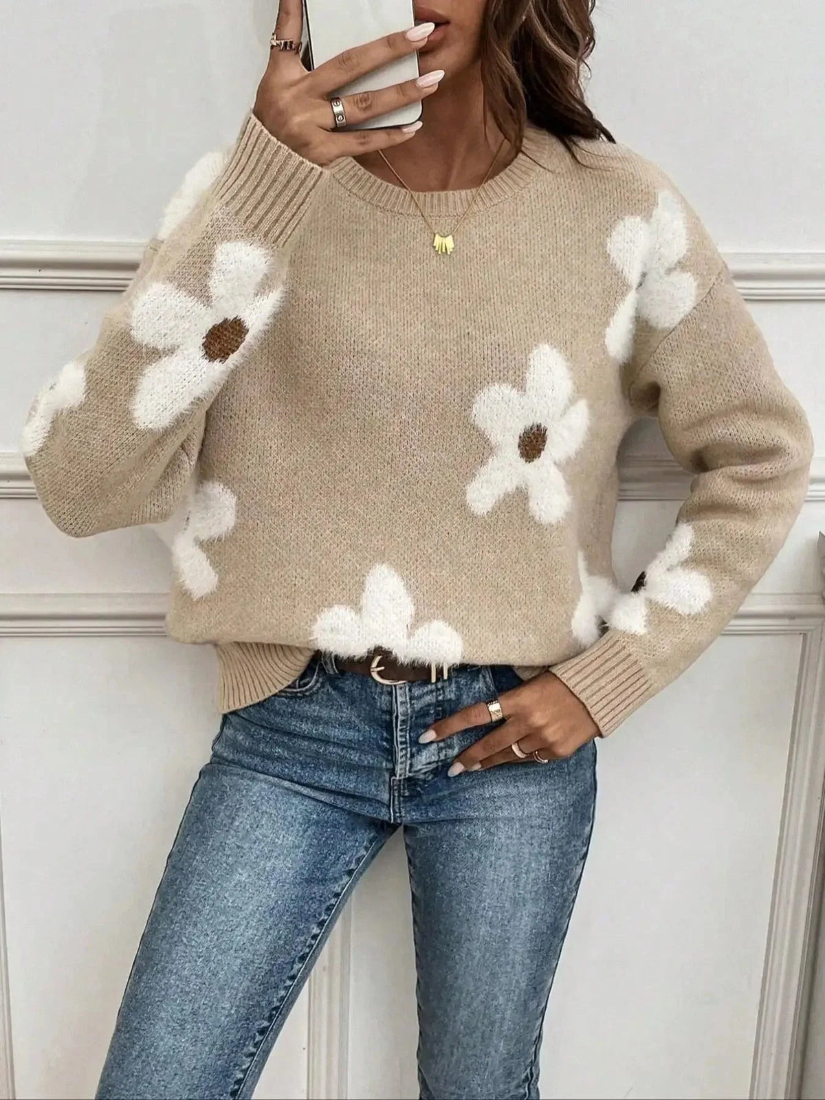 Pierrette - Women's Knitted Jumper with Floral Print and Roll Neck - photo 2