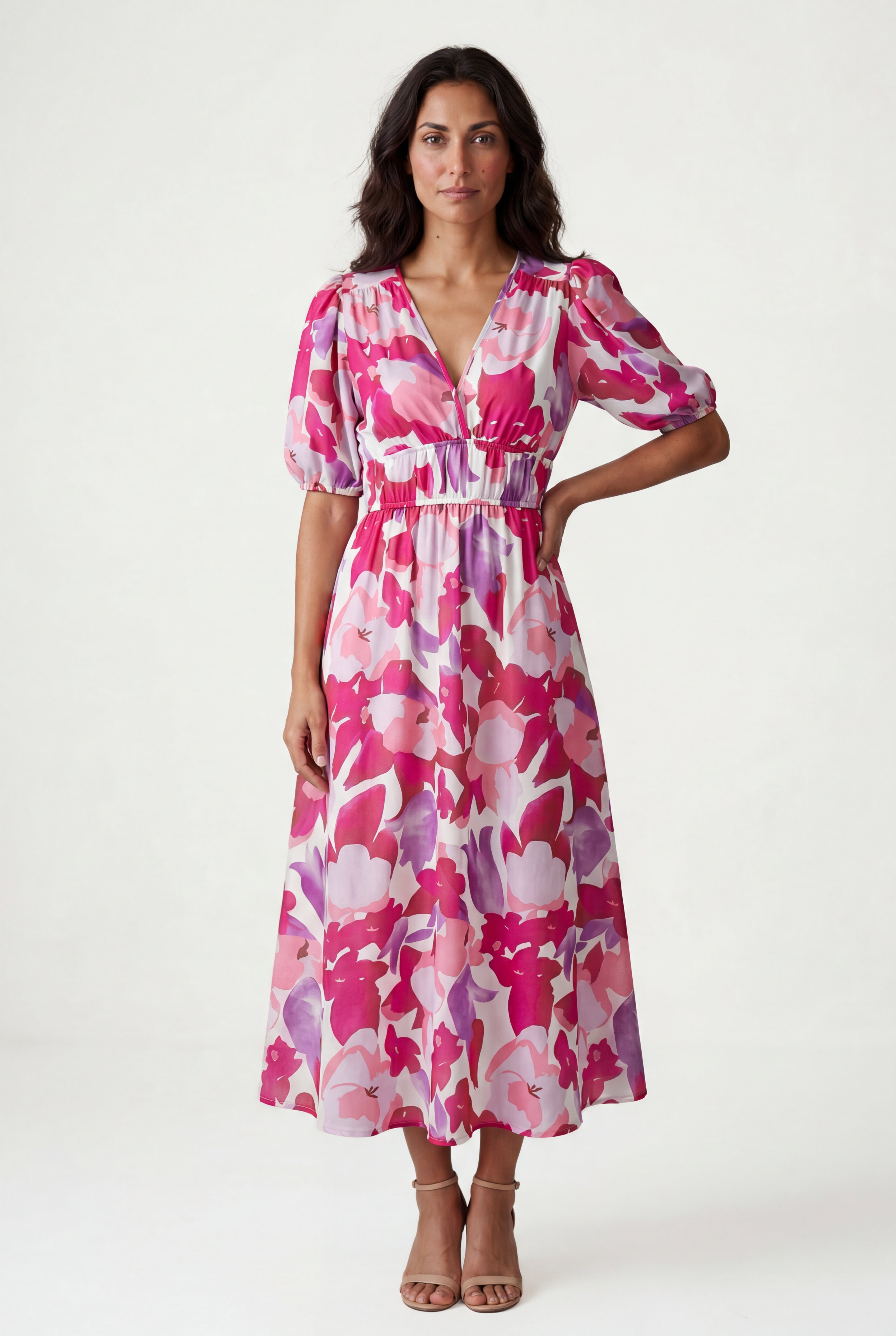 Elcevi | Puff Sleeve V-neck Midi Dress with Elastic Waist For Women