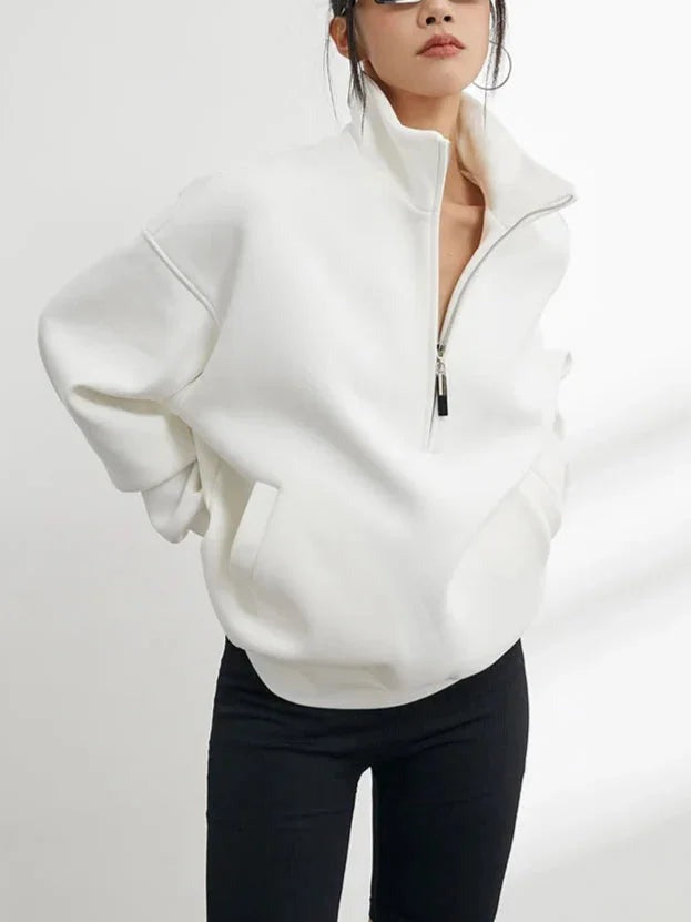 Laura - Women's oversized half-zip white cotton hoodie - photo 3
