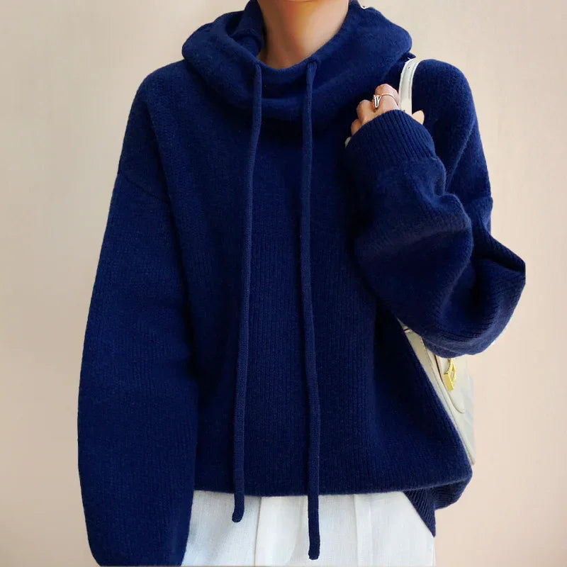 Regina - Maglione da donna a collo alto con maglia morbida e cappuccio