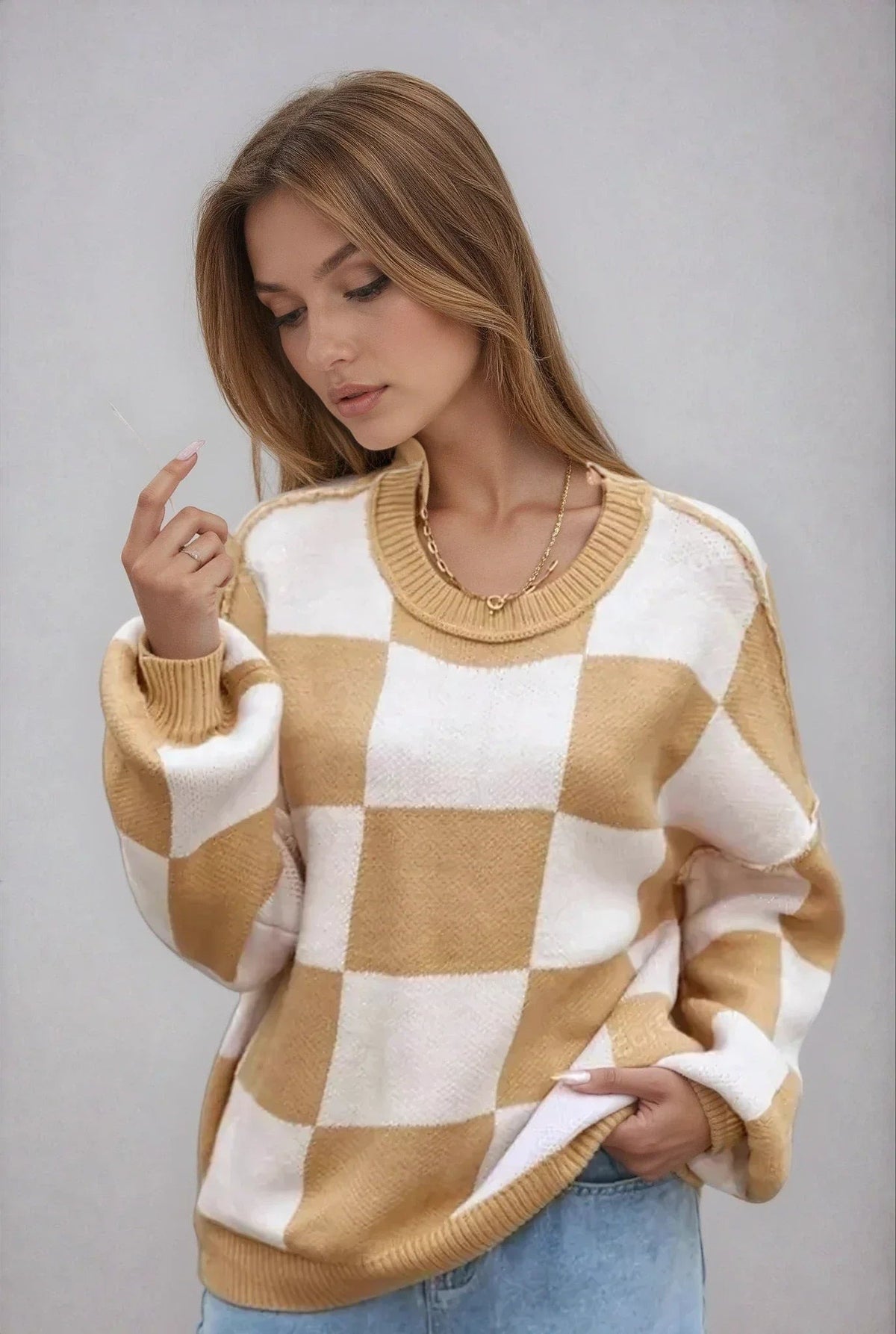 Women's Checked Knit Sweater - photo 1