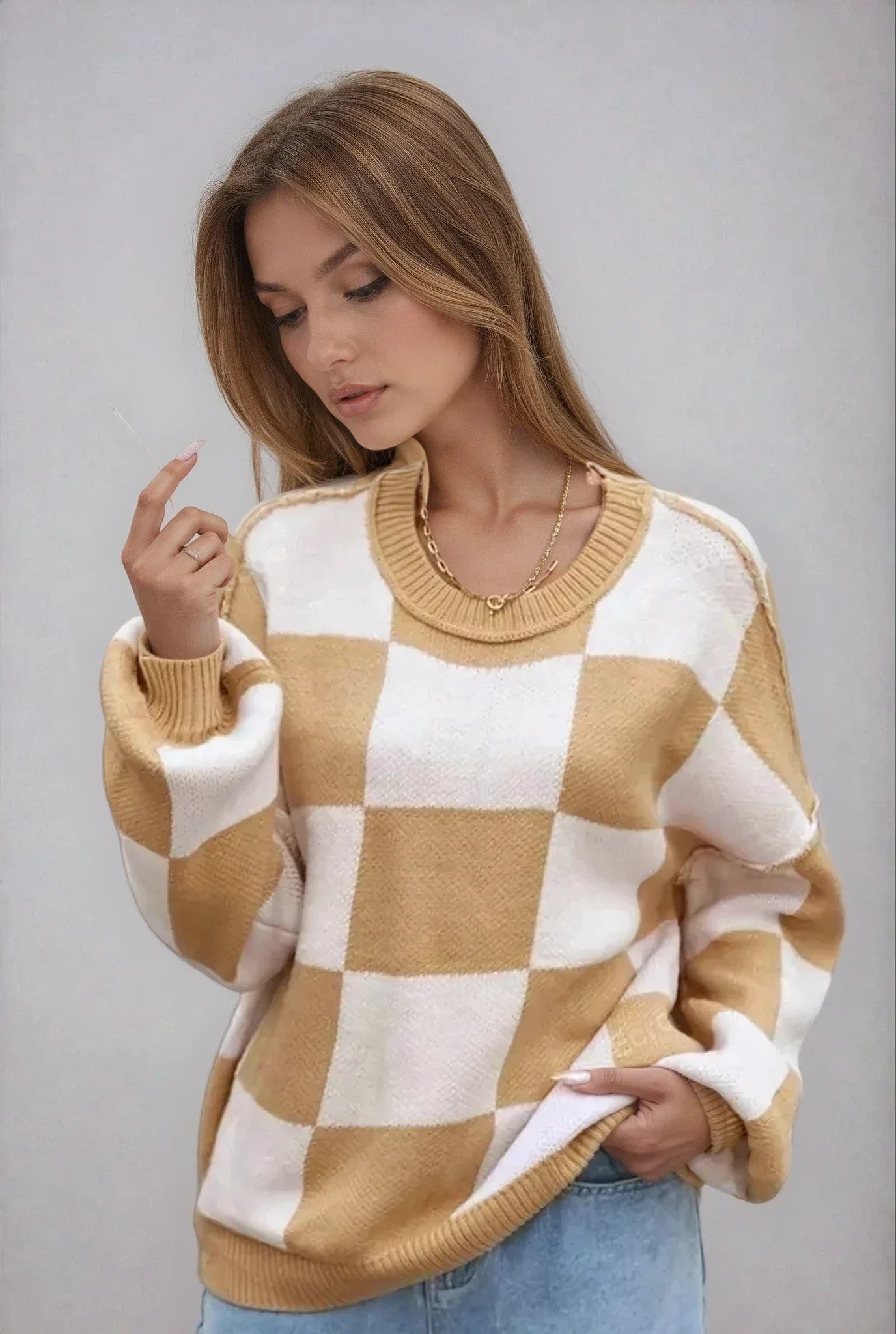 Women's Checked Knit Sweater - photo 1