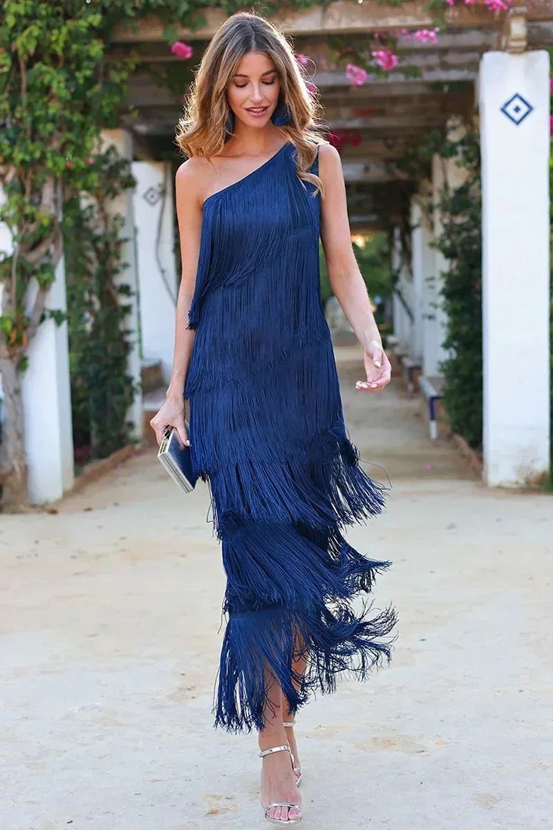 Radegonde - Women's Maxi Dress with Asymmetric Hem and Fringing - photo 1
