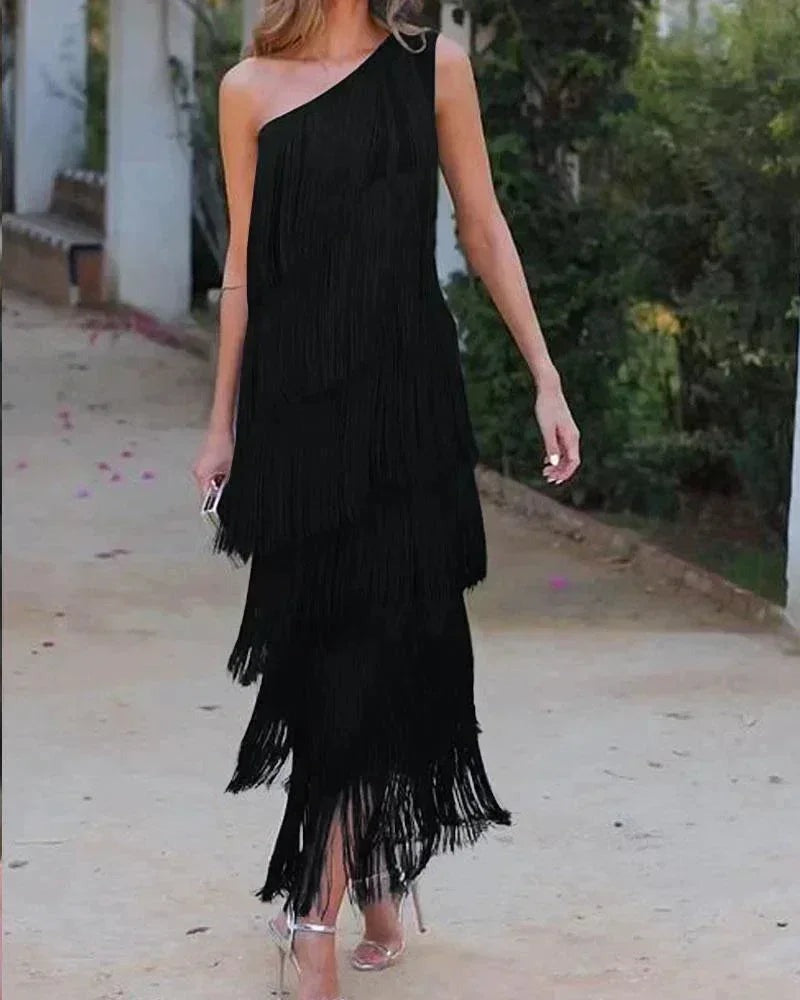 Radegonde - Women's Maxi Dress with Asymmetric Hem and Fringing - photo 2