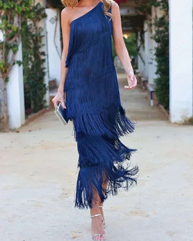 Radegonde - Women's Maxi Dress with Asymmetric Hem and Fringing - photo 3
