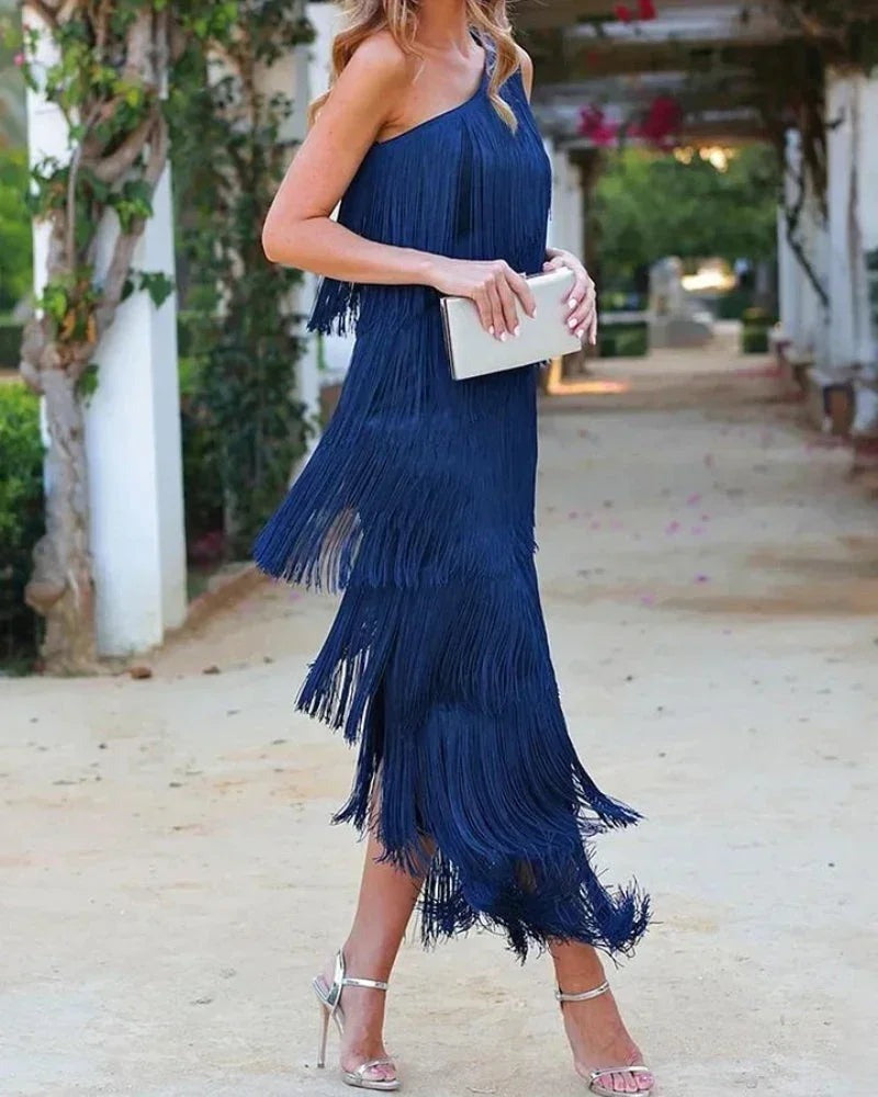 Radegonde - Women's Maxi Dress with Asymmetric Hem and Fringing - photo 4