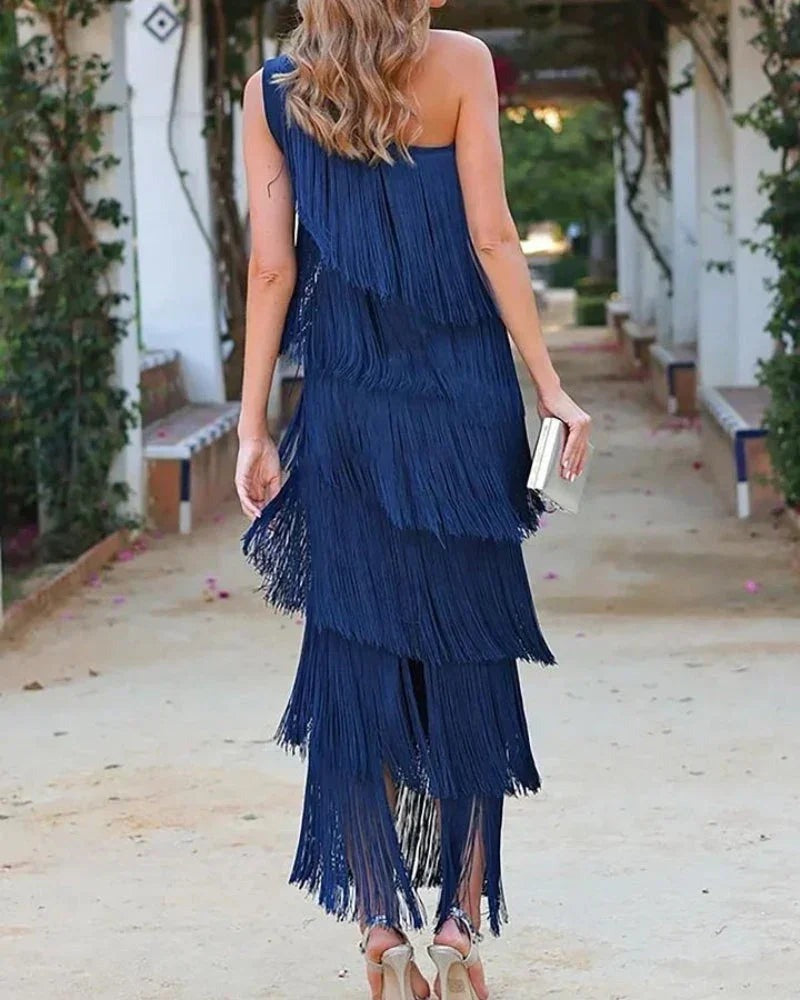 Radegonde - Women's Maxi Dress with Asymmetric Hem and Fringing - photo 5
