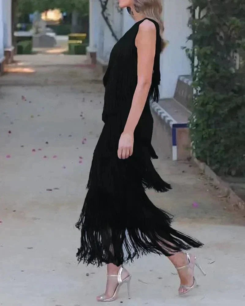 Radegonde - Women's Maxi Dress with Asymmetric Hem and Fringing - photo 6