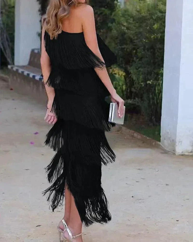Radegonde - Women's Maxi Dress with Asymmetric Hem and Fringing - photo 7
