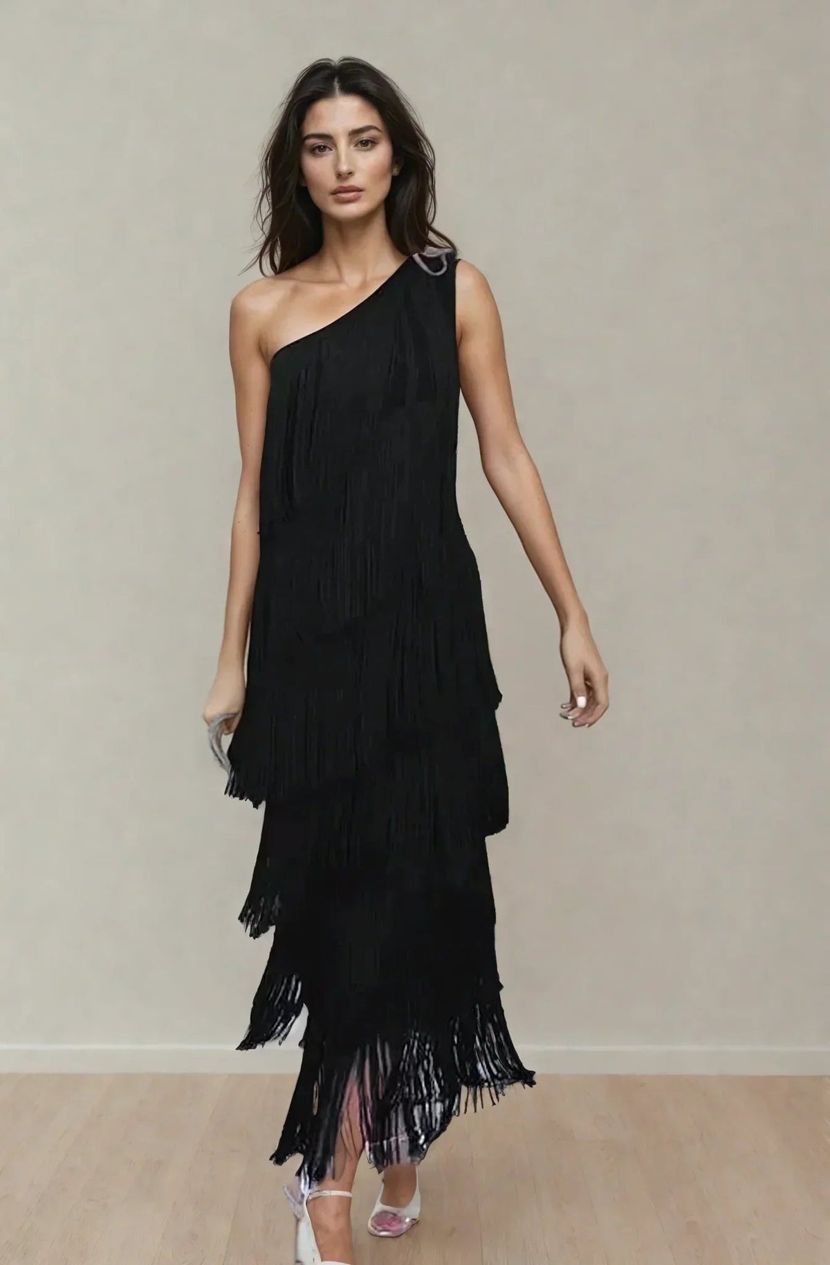 Radegonde - Women's Maxi Dress with Asymmetric Hem and Fringing - photo 8