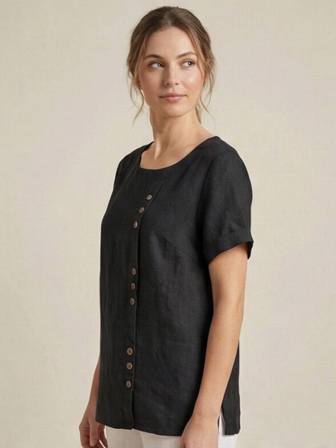 Taylor - Camicetta da donna in lino con scollo rotondo e bottoni, per l’estate