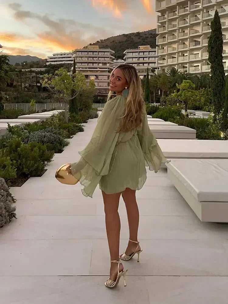 Naomi - Women's short light green ruffled evening dress with long sleeves - photo 3