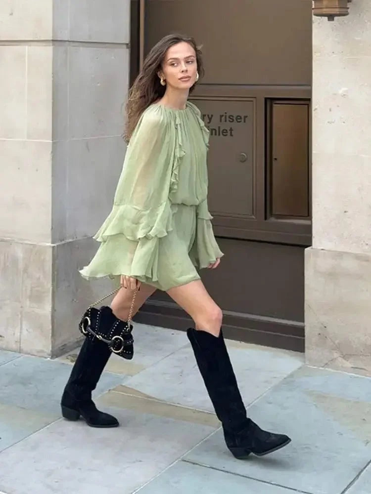 Naomi - Women's short light green ruffled evening dress with long sleeves - photo 6
