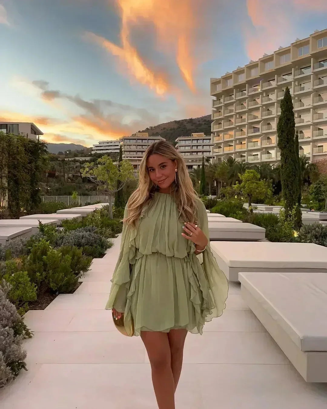 Naomi - Women's short light green ruffled evening dress with long sleeves - photo 7