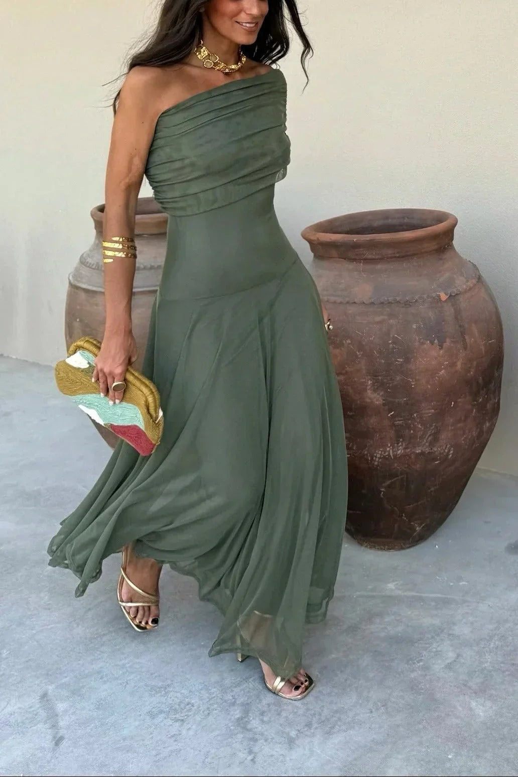 Pleated one-Shoulder summer Maxi dress for women - photo 11