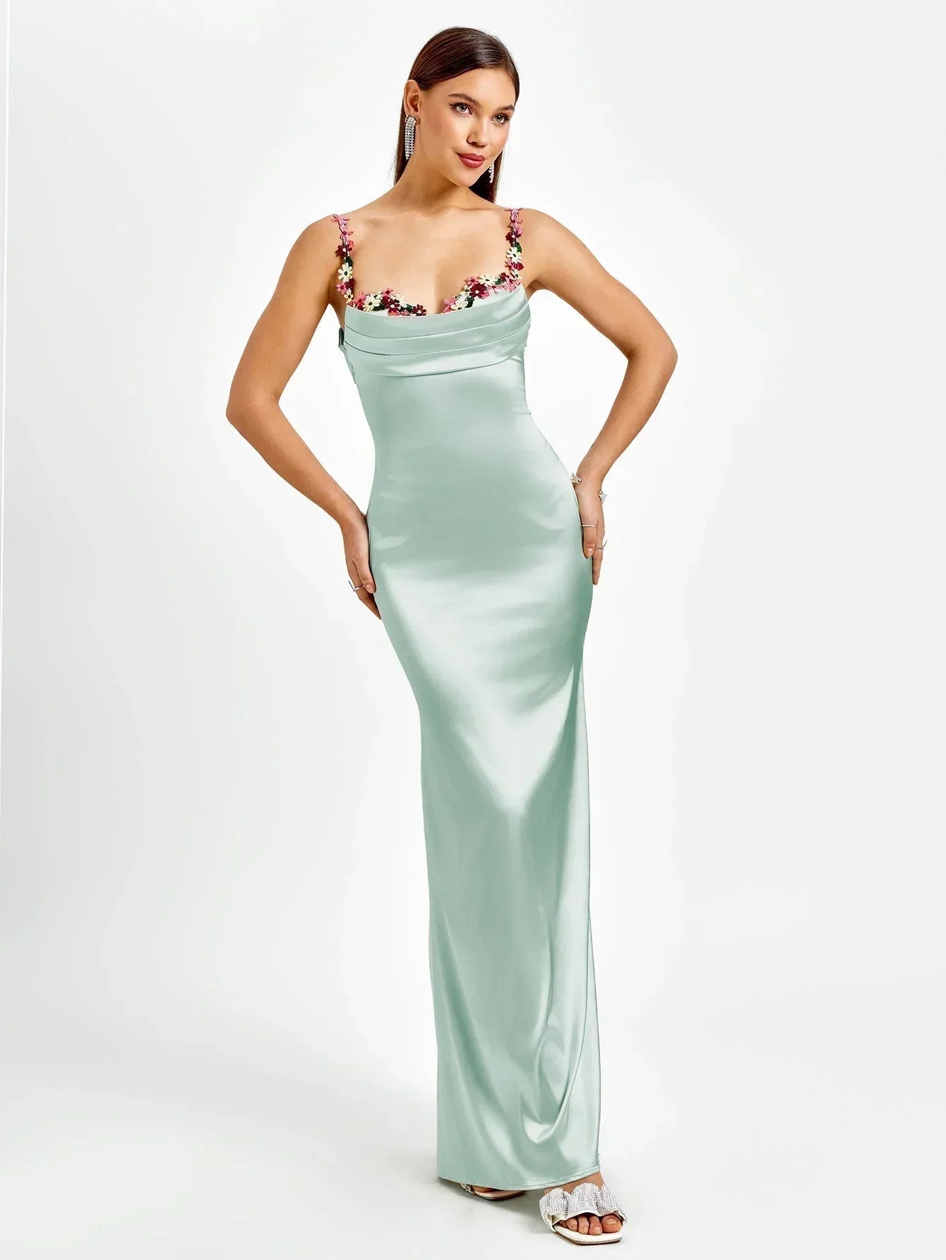 Rochie maxi de seară pentru femei, din satin, cu ornamente florale