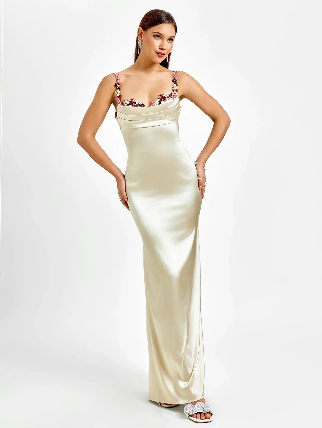 Rochie maxi de seară pentru femei, din satin, cu ornamente florale